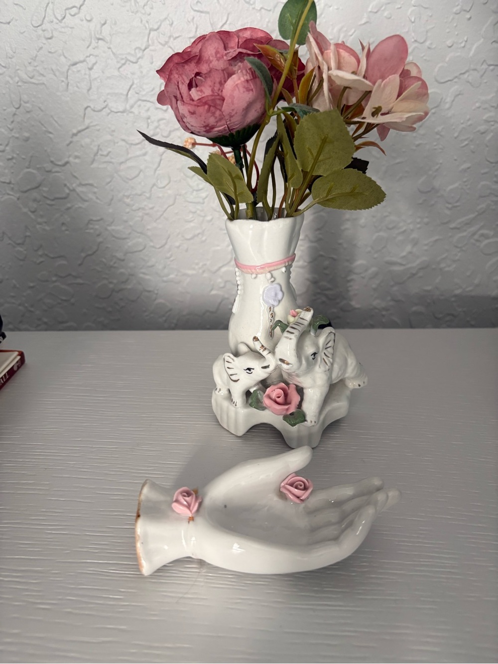 Porcelain White & Pink Decorative Vase with Elephant Accent and Hand Dish
